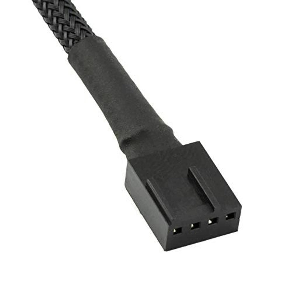 Micro 4-pin style fan connector end on black braided cable