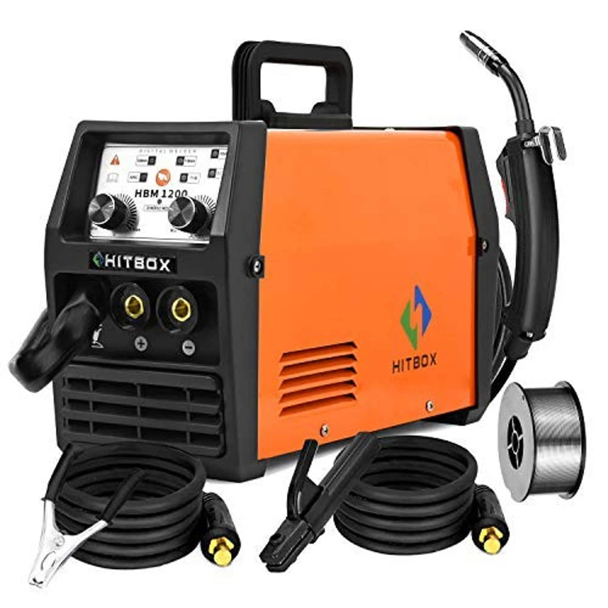 3-in-1 MIG/TIG/ARC gasless welder, orange body with torch leads and wire spool