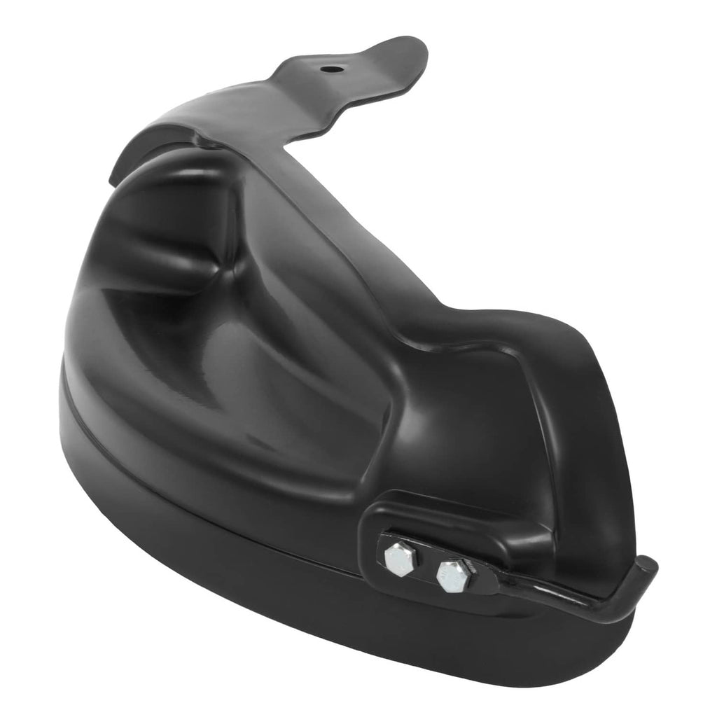 Black mulching blade deflector with raised top tab and side bolt plate