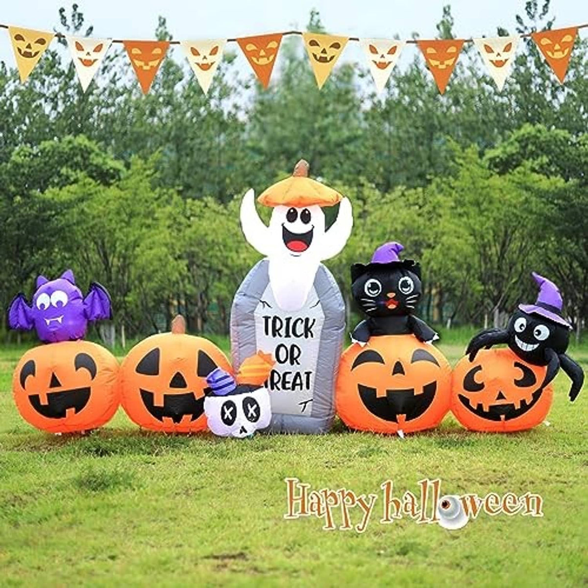 Halloween yard inflatable set with ghost, black cat, jack-o'-lantern pumpkins, and orange pennant flags