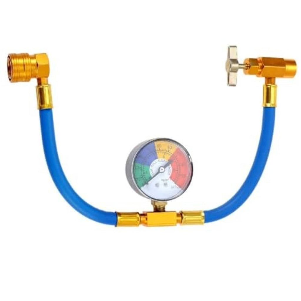 Refrigerant charging hose kit with blue hose loop, brass connectors, and round pressure gauge