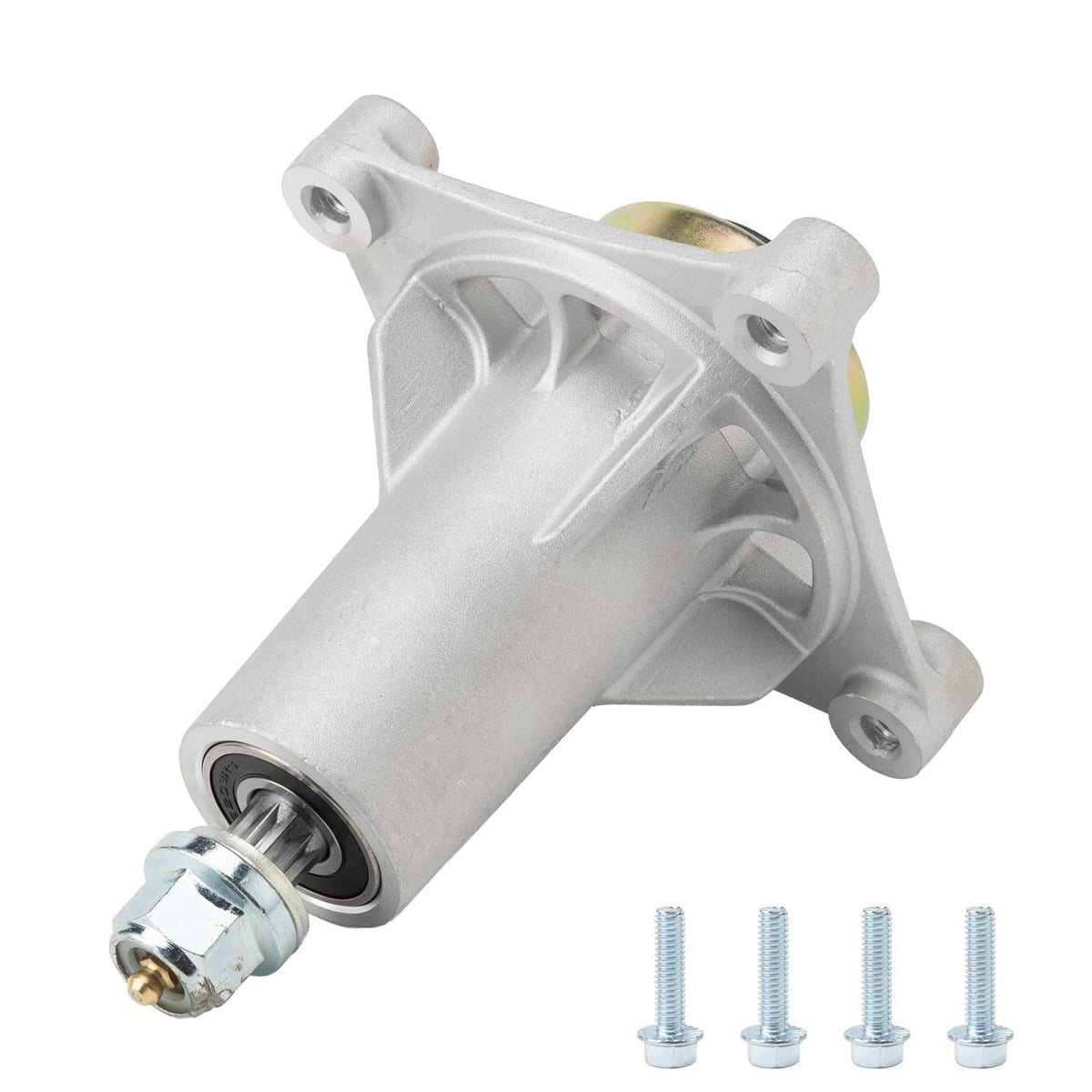 Spindle assembly with side grease fitting and four mounting bolts