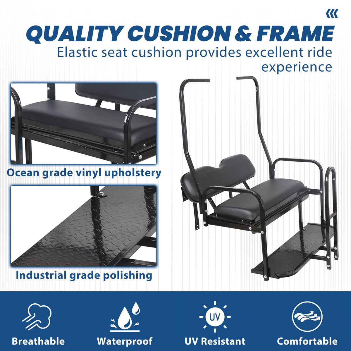 Rear flip seat kit close-up with black seat cushions and curved safety grab bar