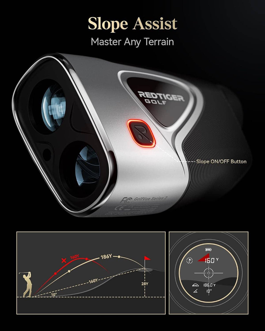 Golf laser rangefinder with slope assist indicator light, silver-black body and side button
