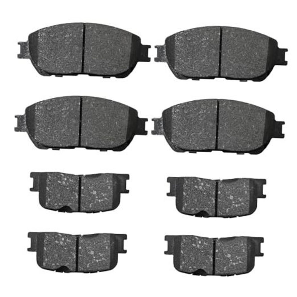 Ceramic brake pad set with 8 dark gray pads and metal mounting tabs, front and rear