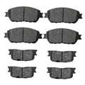 Ceramic brake pad set with 8 dark gray pads and metal mounting tabs, front and rear