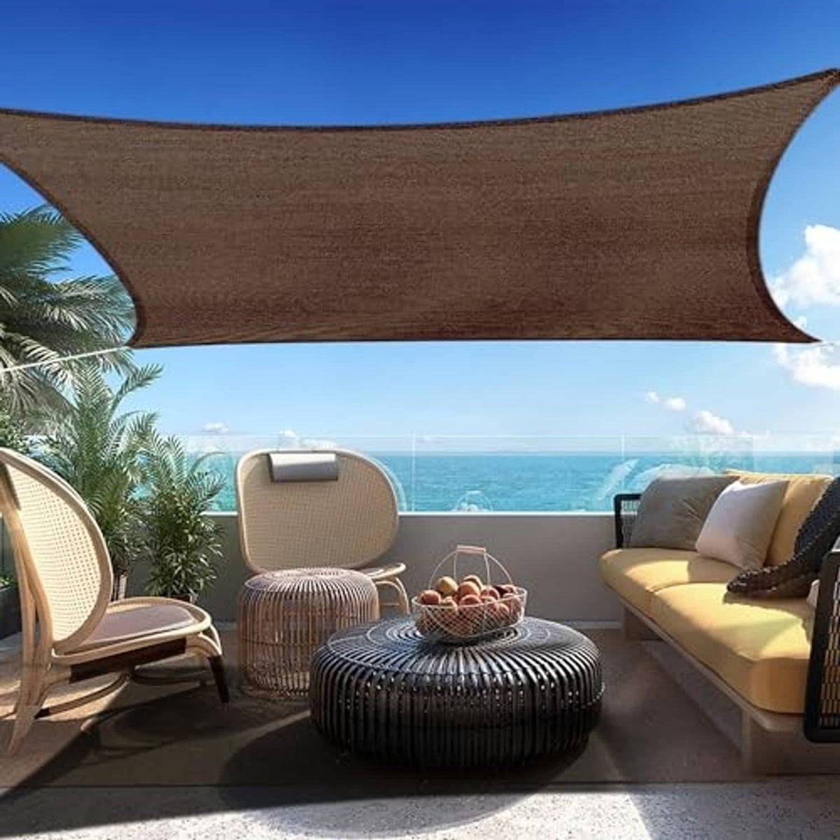 Brown rectangular sun shade sail canopy stretched taut with curved corners