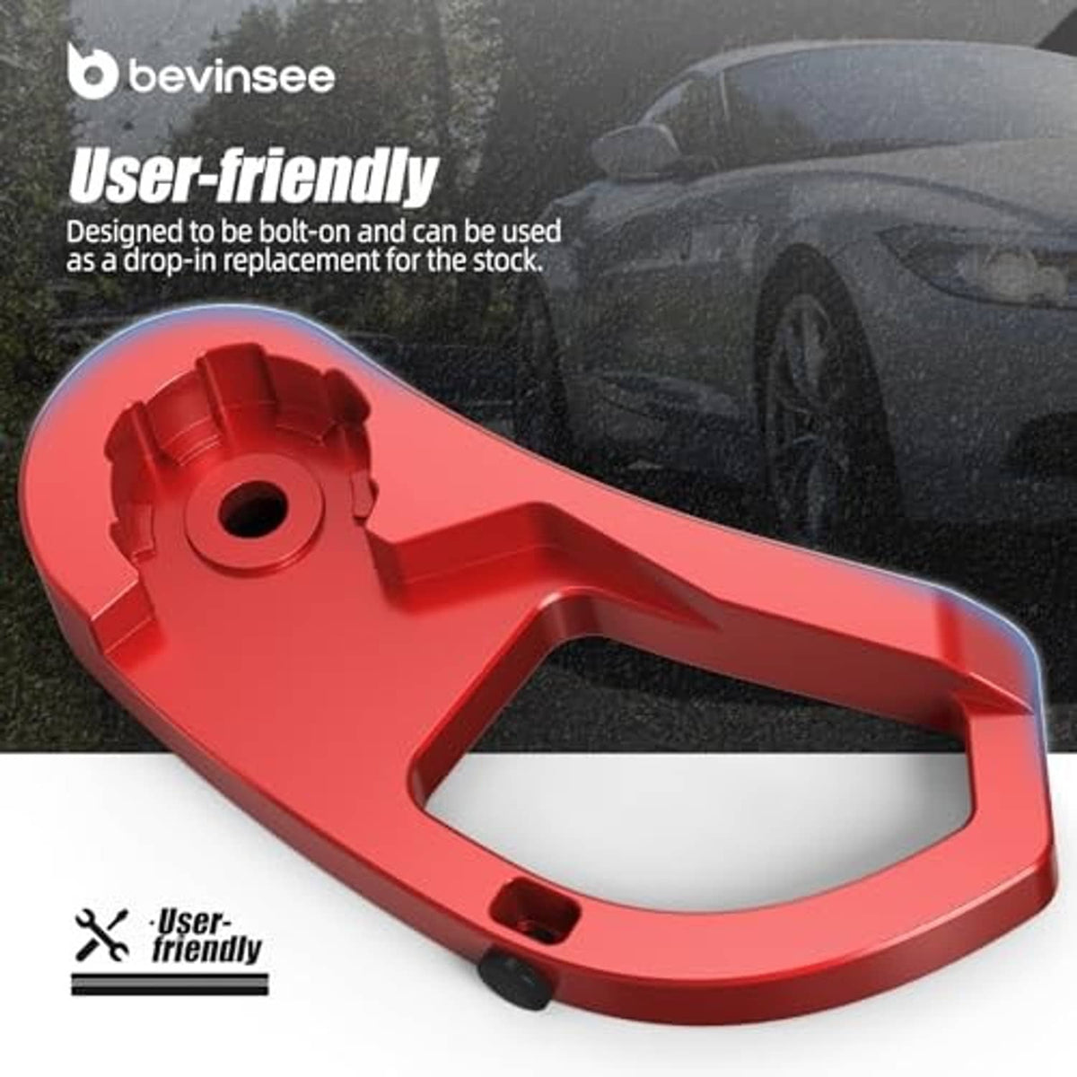 Red hood latch release lever handle bracket with circular mounting hole and cutout.