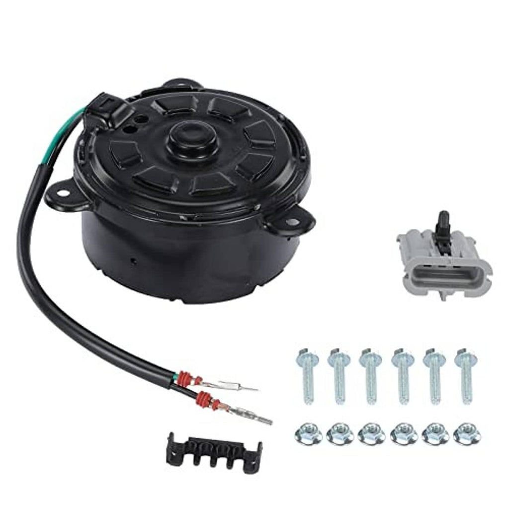 Radiator cooling fan motor housing with electrical connector and included hardware