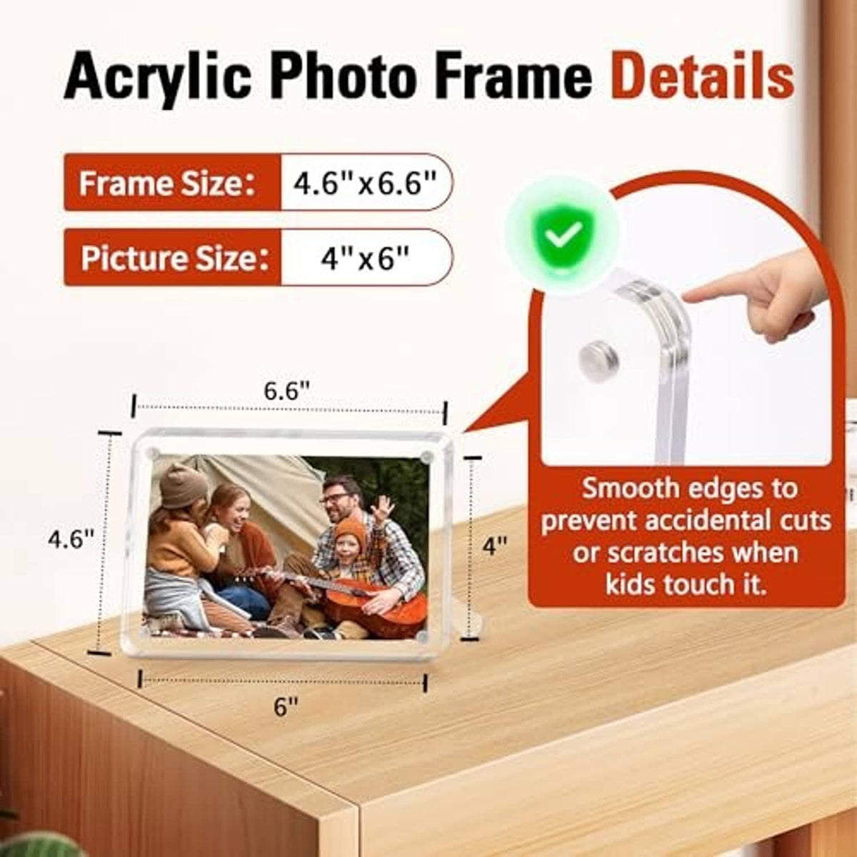 Clear acrylic photo frame with smooth edges, 4x6 size