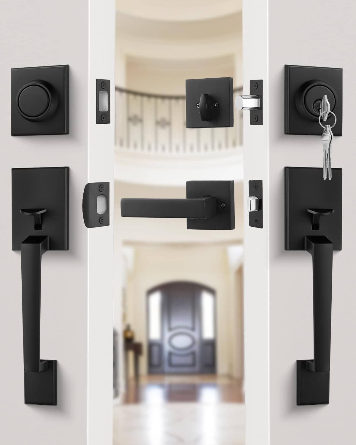Black double-sided door lock hardware set with keys and long interior lever