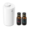 White waterless essential oil diffuser with top controls and two 20 mL bottles