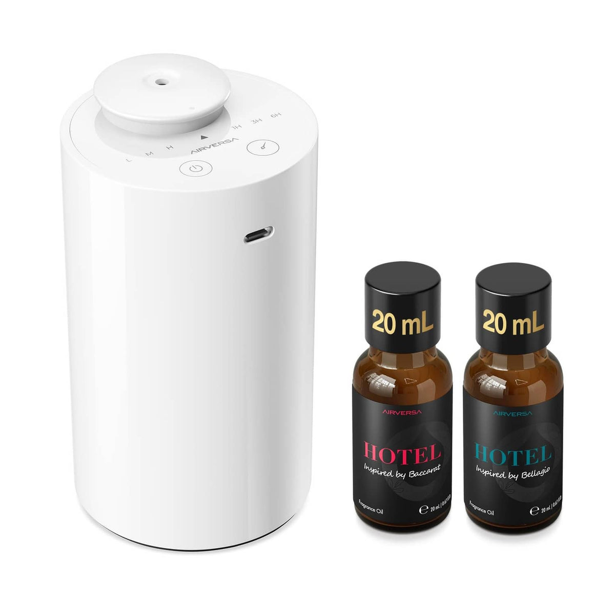 White waterless essential oil diffuser with top controls and two 20 mL bottles
