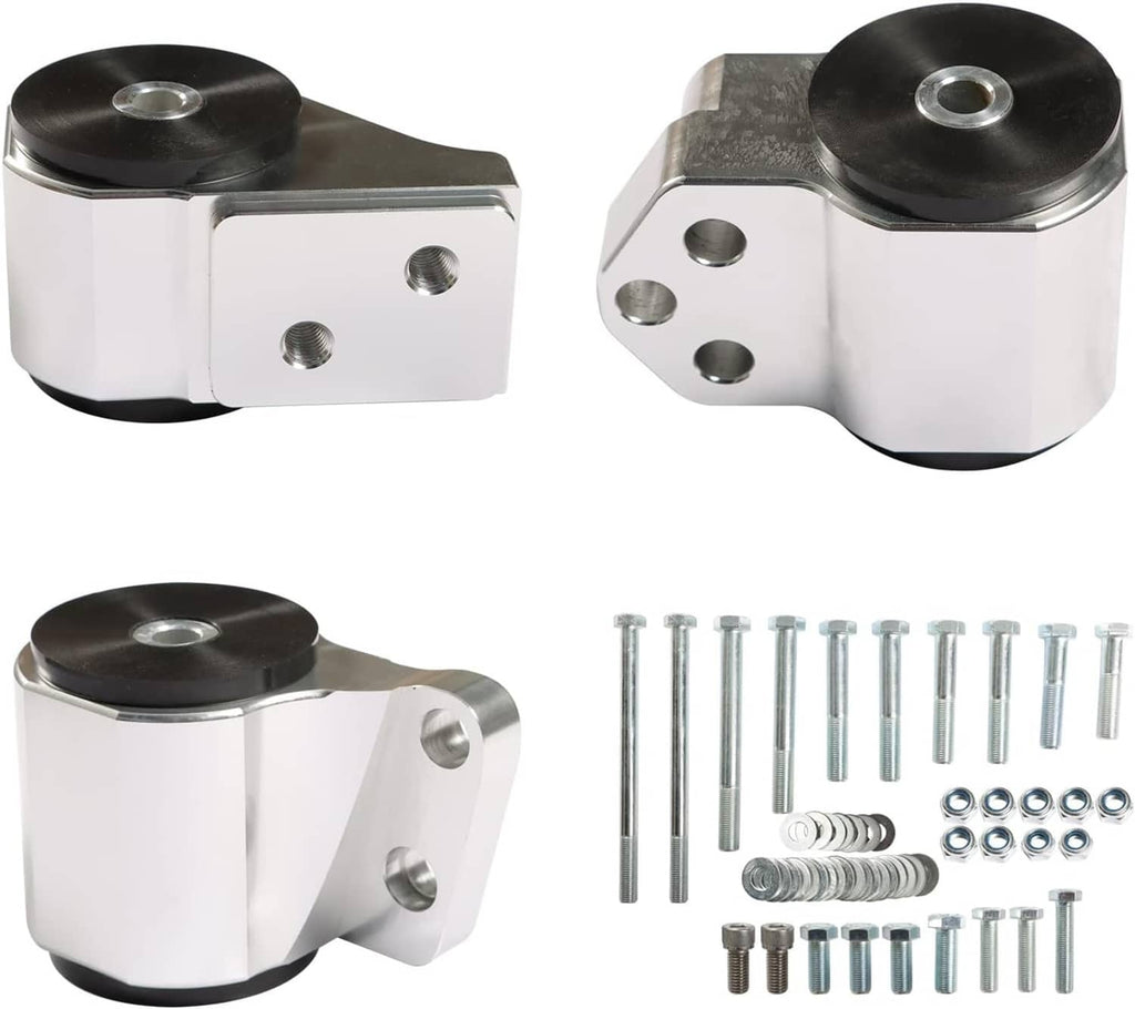 Engine mount bracket pair with white blocks, black isolators, and included hardware