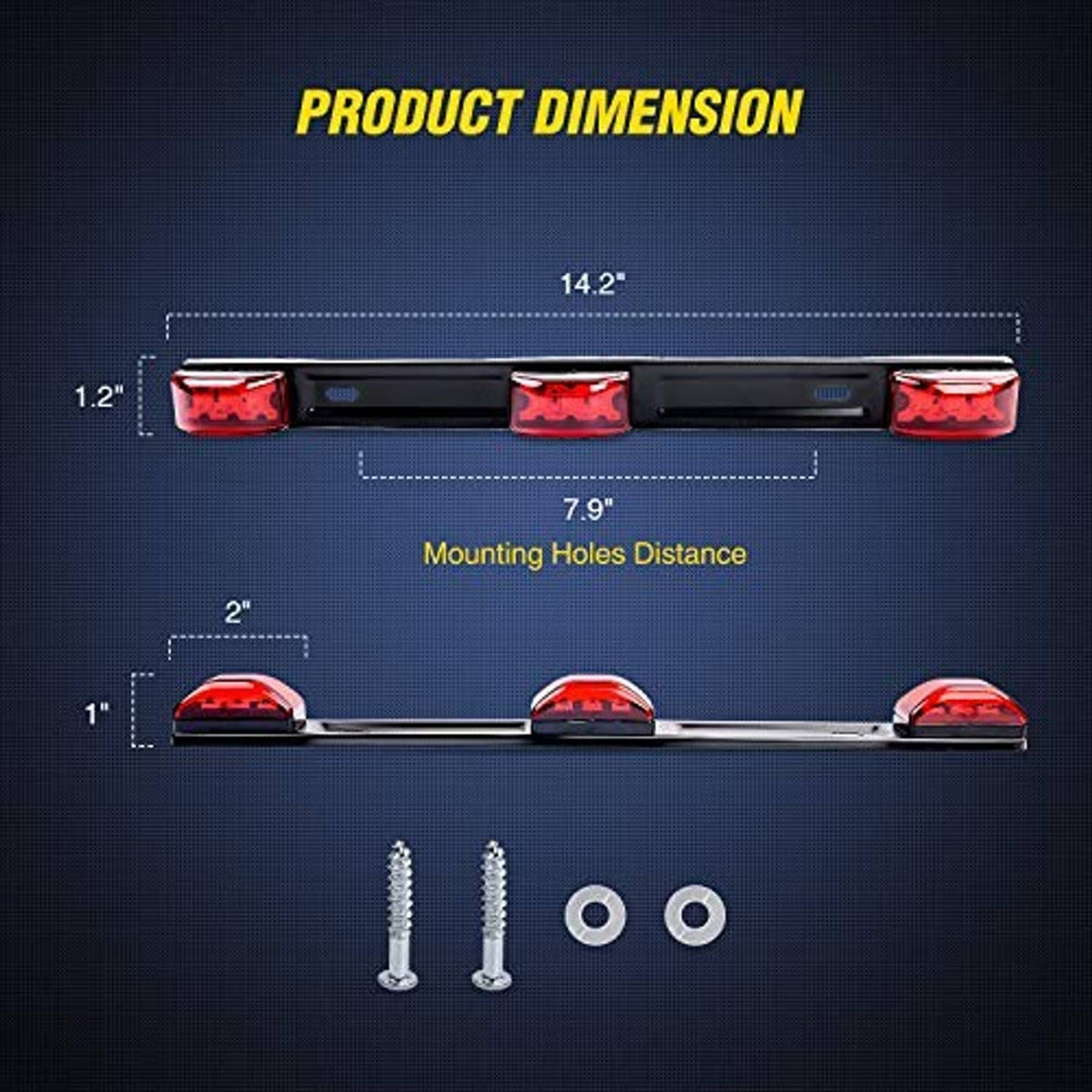 Truck ID bar marker light dimension diagram with red lenses and mounting holes.