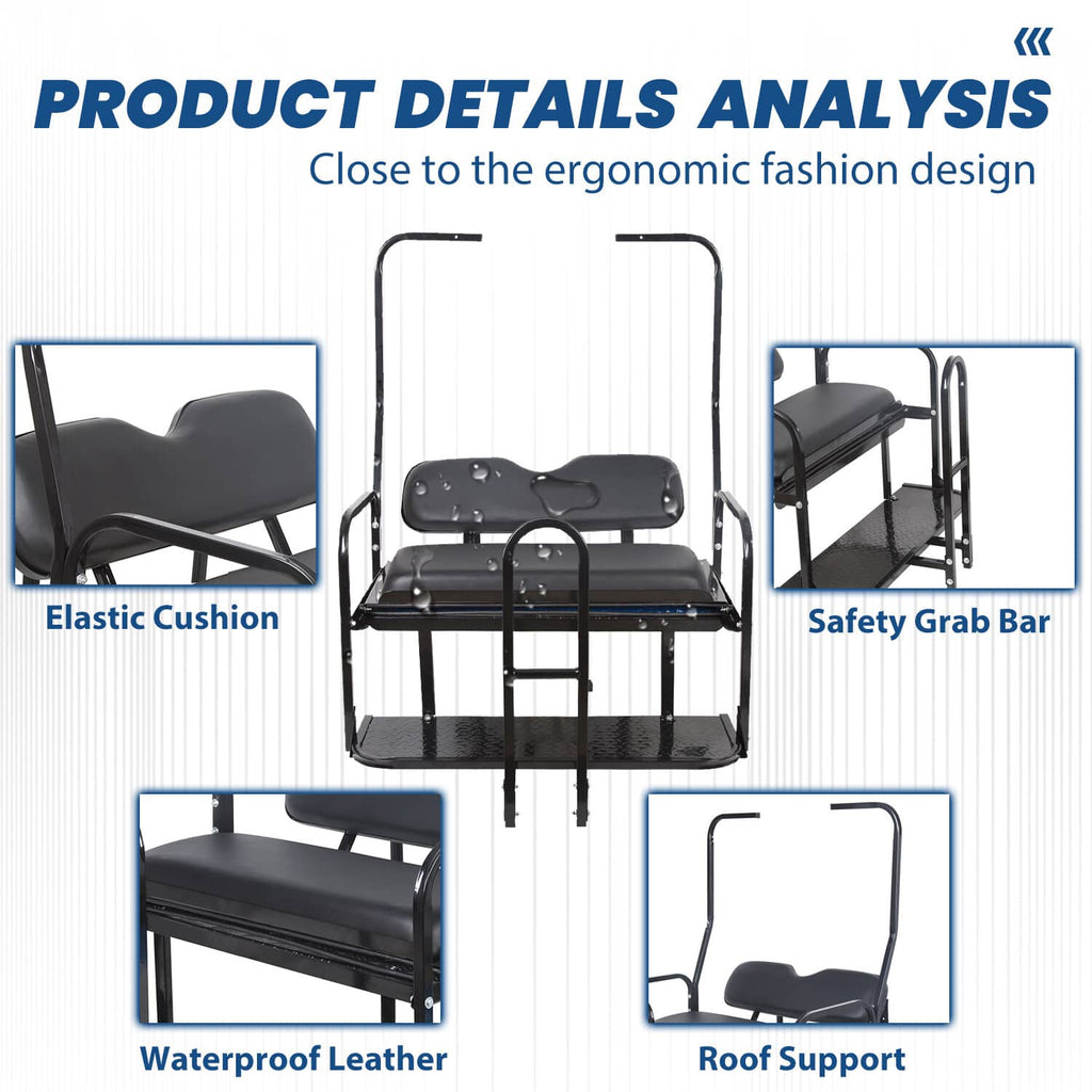 Rear flip seat kit front view with black cushioned seat and curved safety grab bar