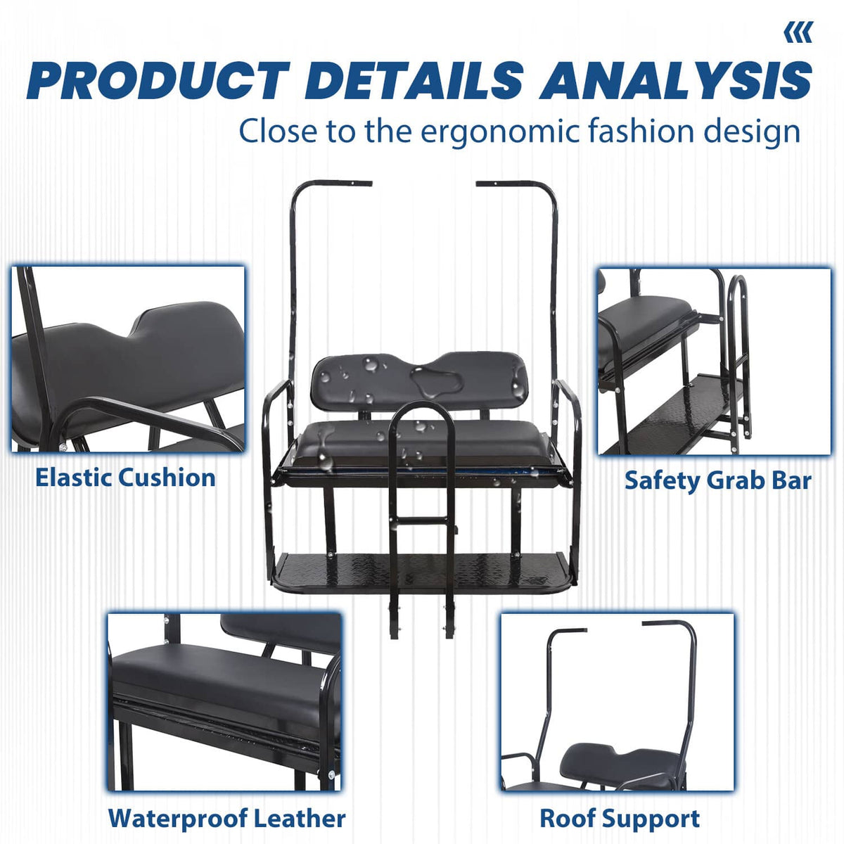 Rear flip seat kit front view with black cushioned seat and curved safety grab bar
