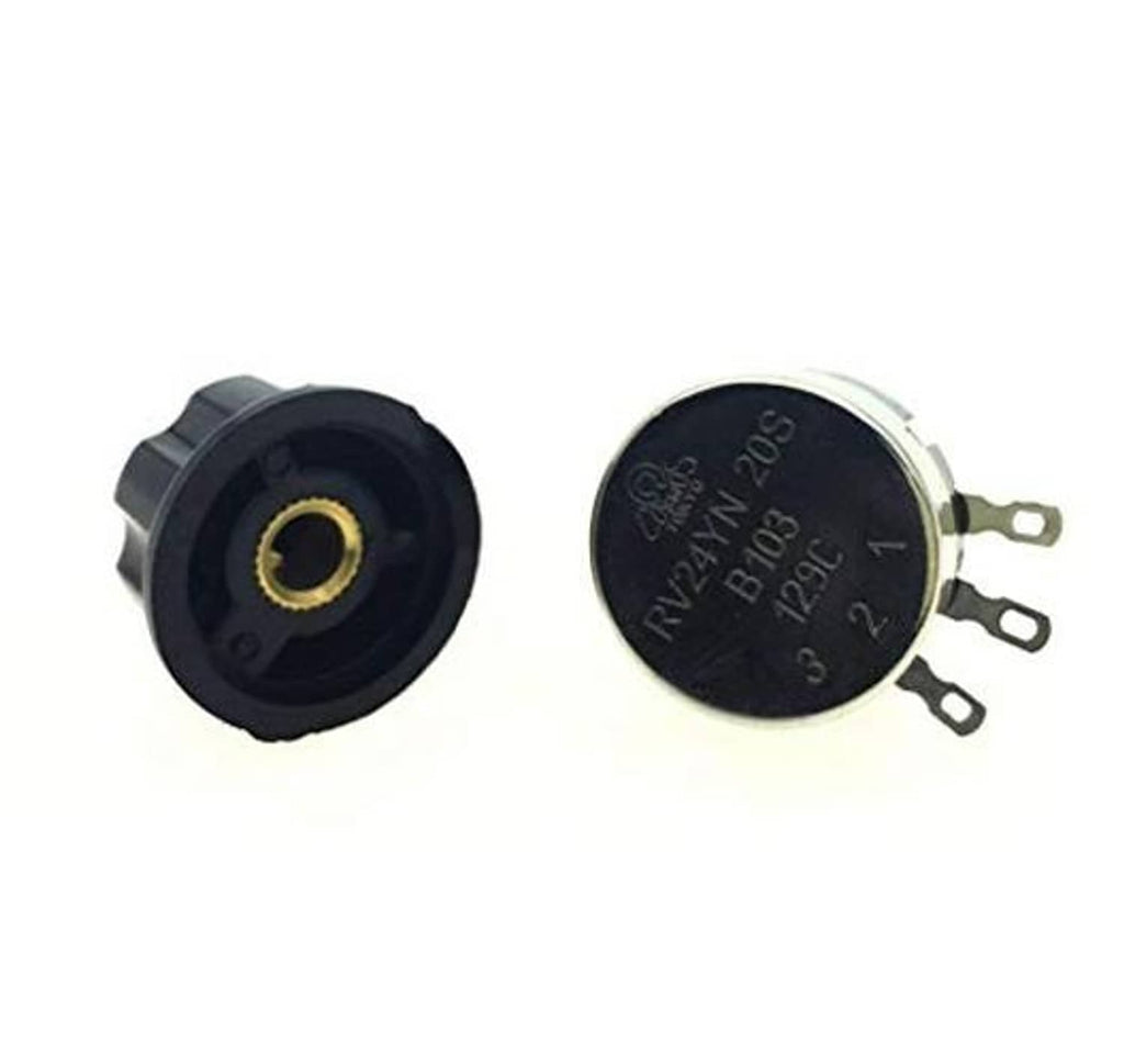 Rotary taper potentiometer with black plastic body, gold center contact, and metal pins