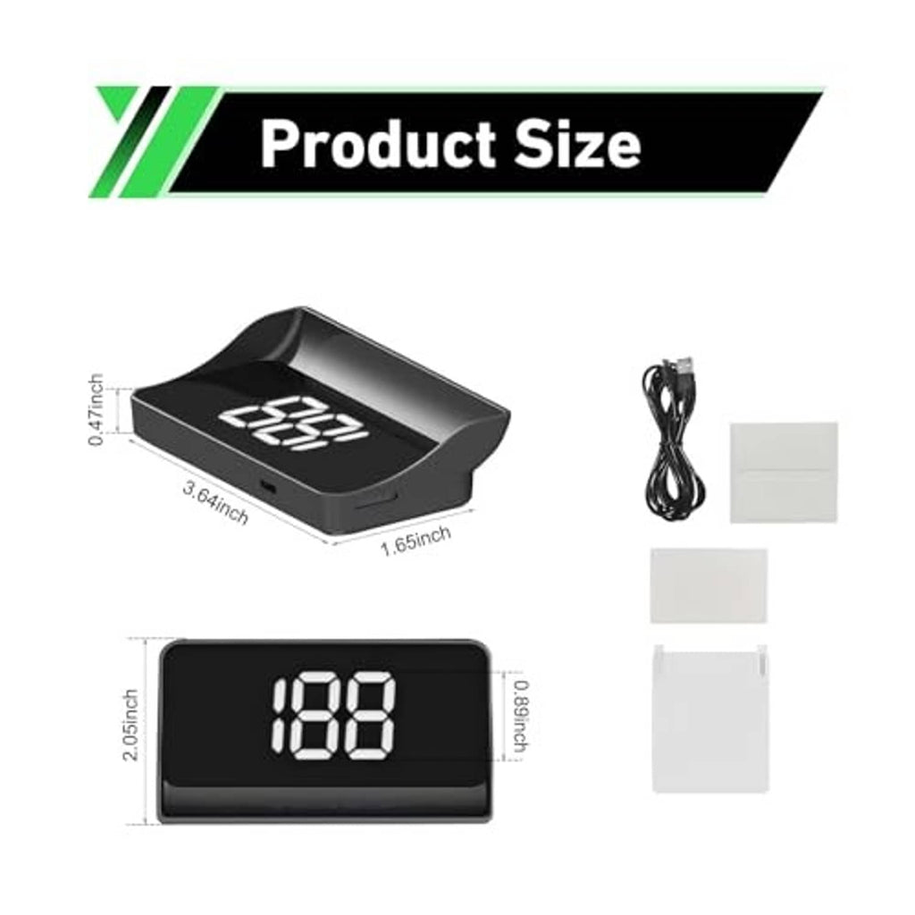 Car HUD with white digital speed readout, USB cable, and adhesive mounting pads