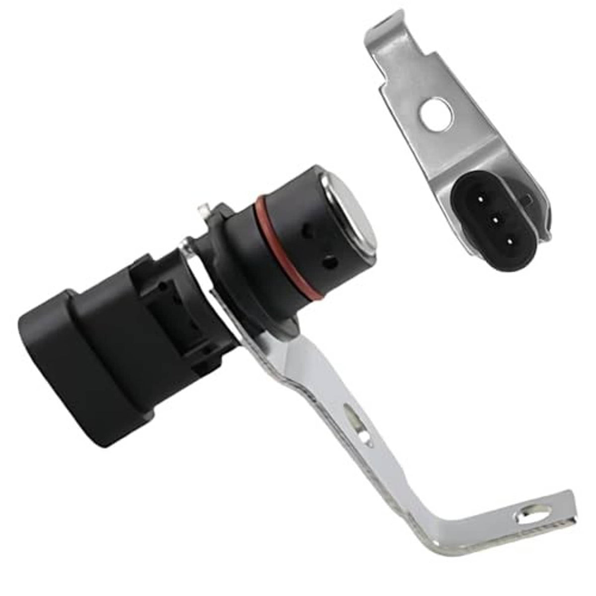 Crankshaft position sensor with U-shaped metal bracket and black electrical plug