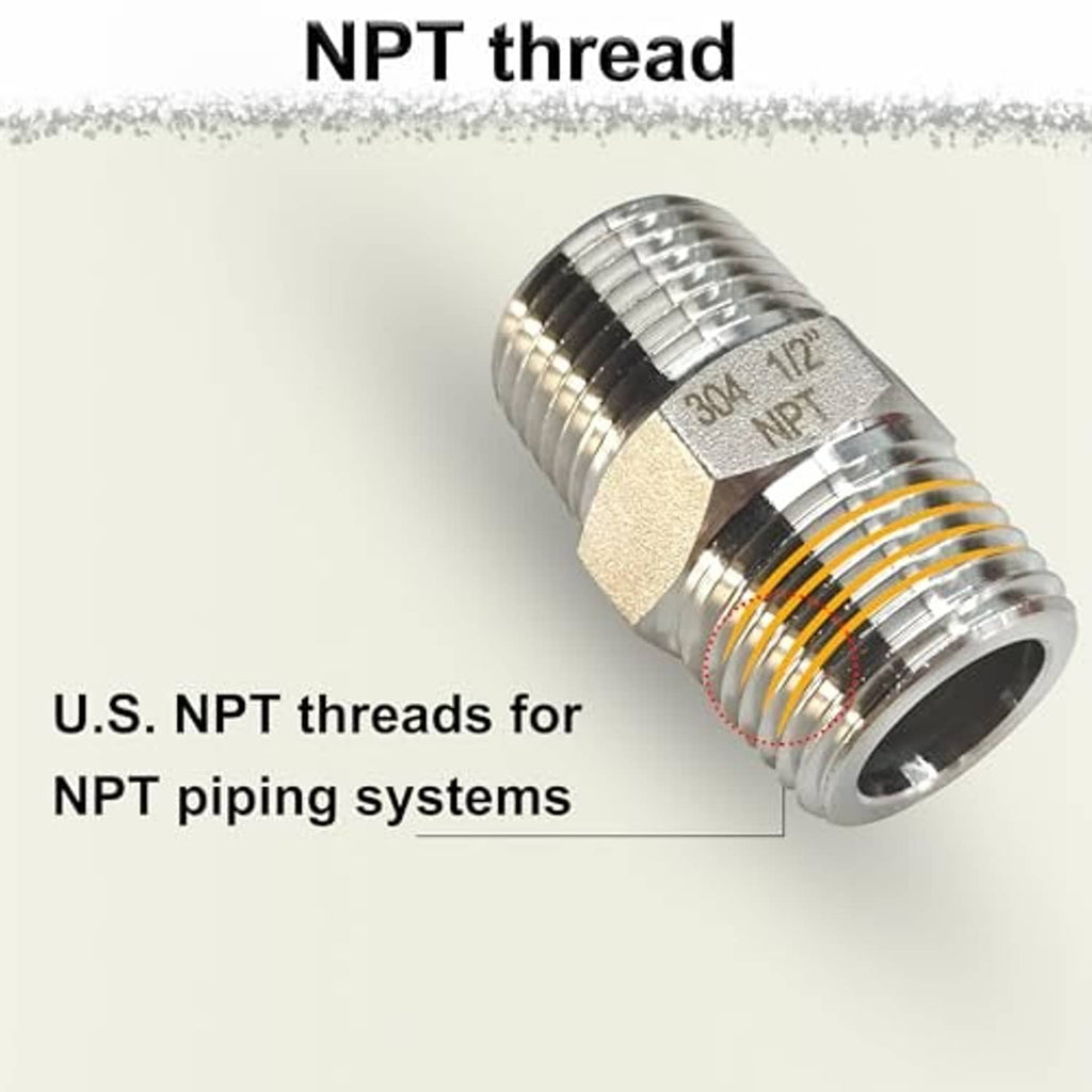 304 stainless steel 1/2 in NPT male hex nipple pipe fitting with visible threads