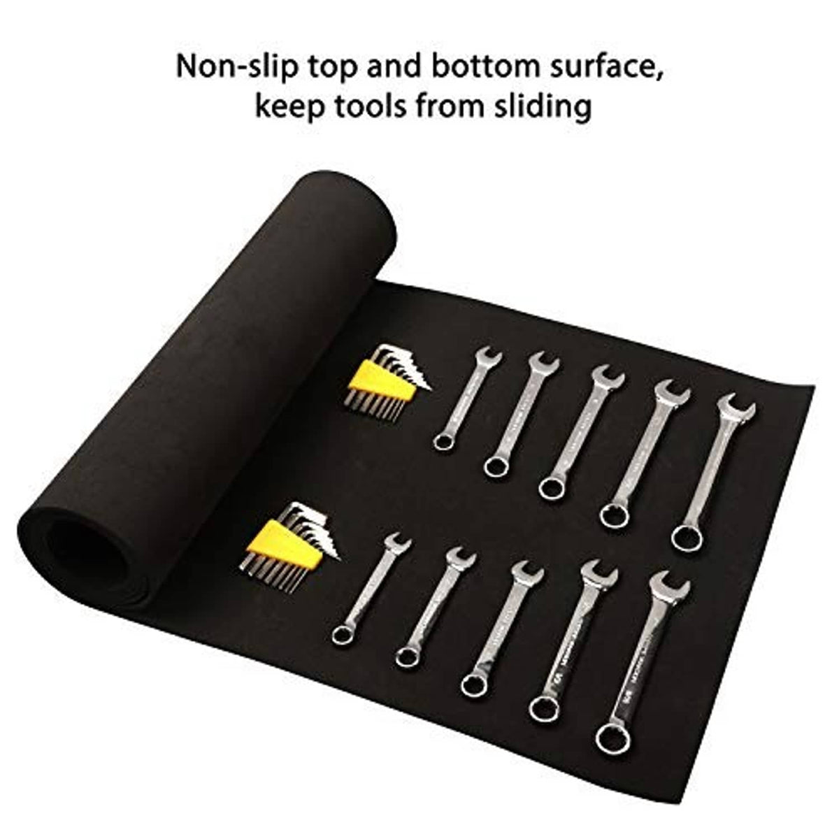 Black non-slip tool box liner mat with wrenches and parts, keeps tools from sliding