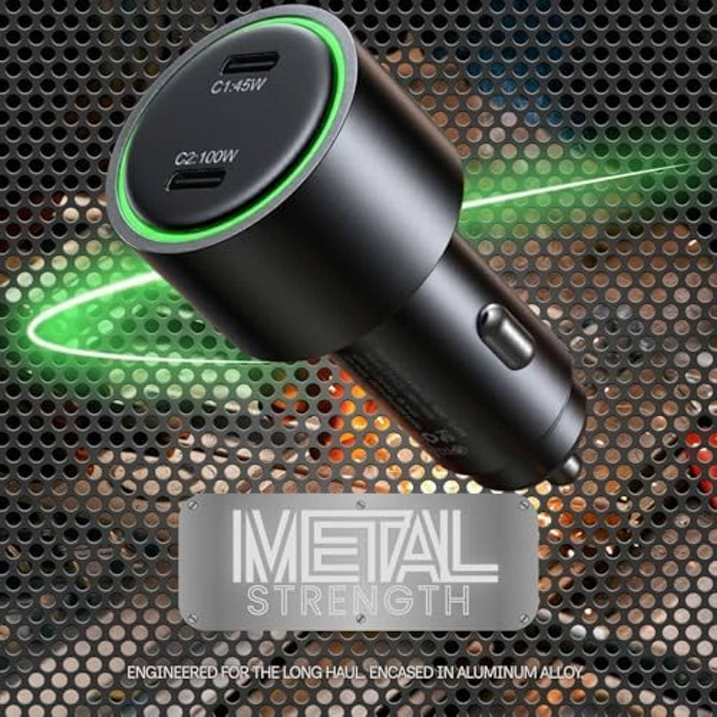 Black USB-C car charger with green LED ring and side USB-C port
