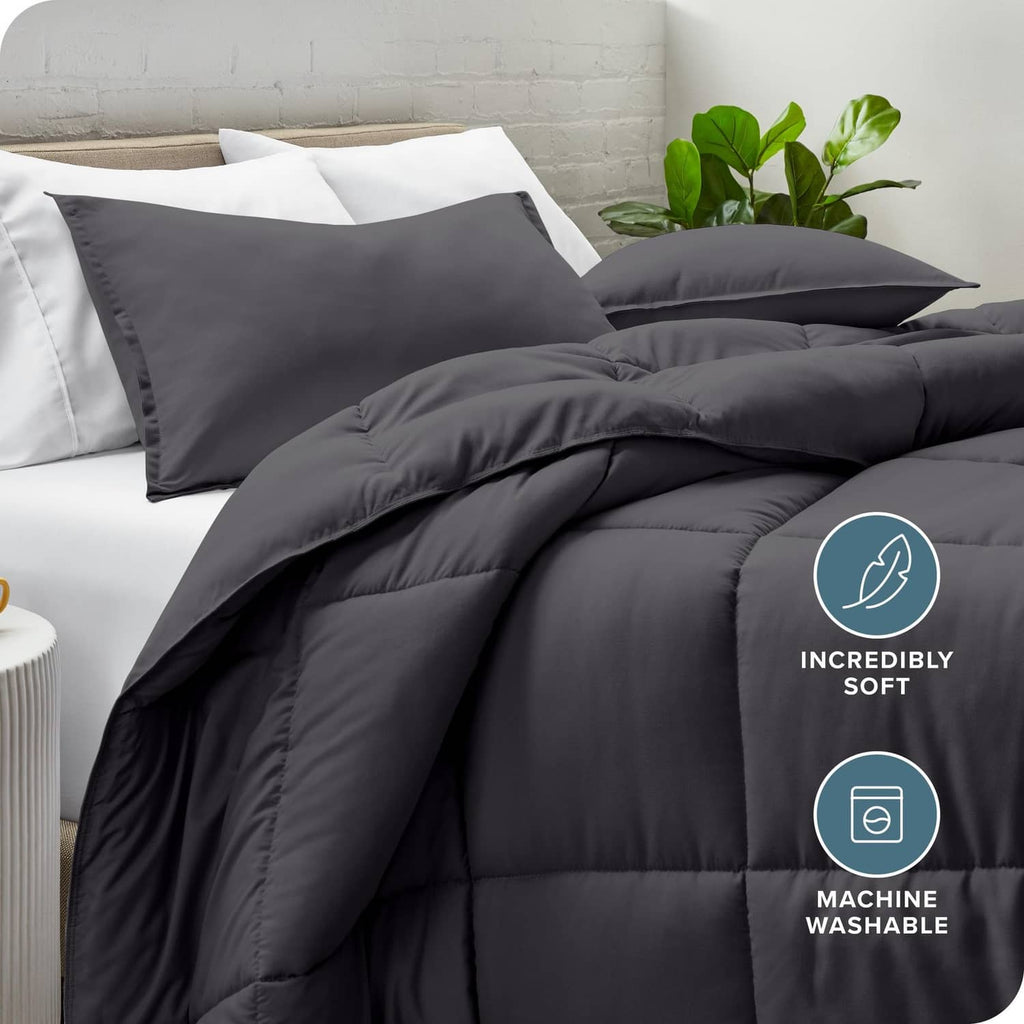 Grey full comforter with quilted baffle stitching and matching pillow shams