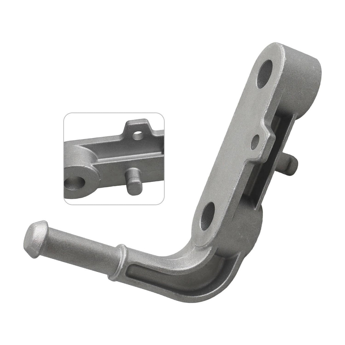 Rear exhaust tailpipe bracket, silver metal, with curved arm and flange holes