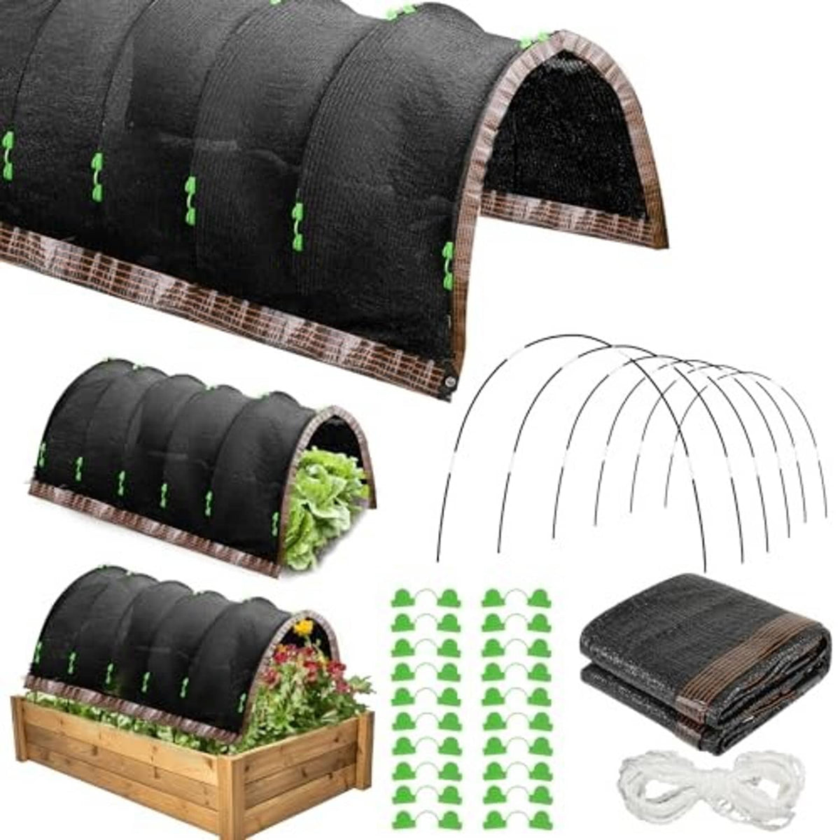 Plant shade cloth tunnel covers with hoop frames, green clips, and rolled fabric bundle