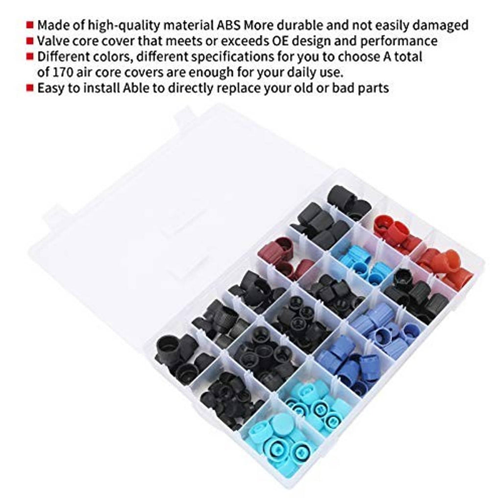 AC valve core cover assortment in clear case with white lid, black, blue, and red caps