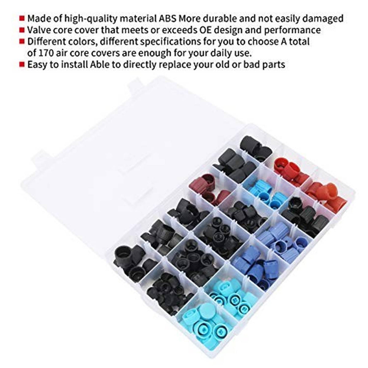 AC valve core cover assortment in clear case with white lid, black, blue, and red caps