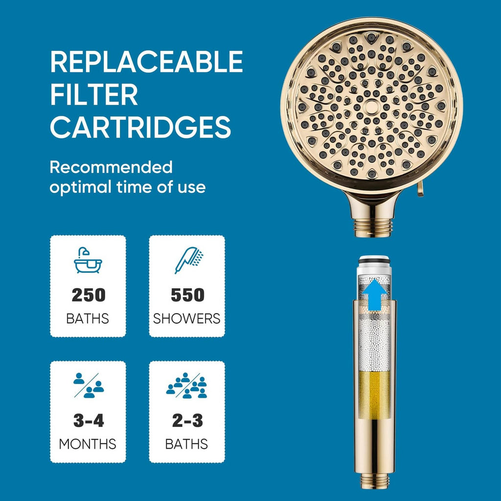 Gold shower head with replaceable filter cartridge shown below