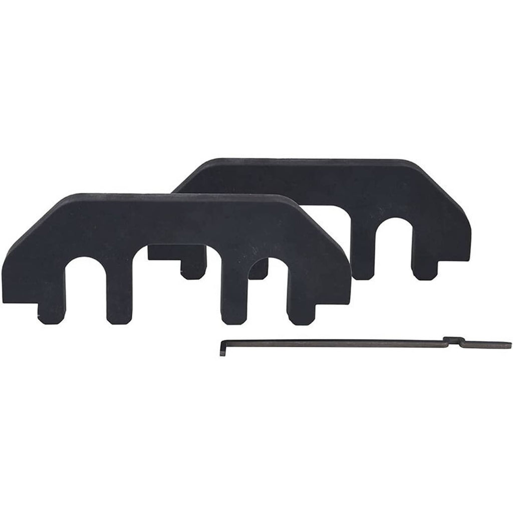 Two-piece black camshaft holding tool set with alignment pin on white background