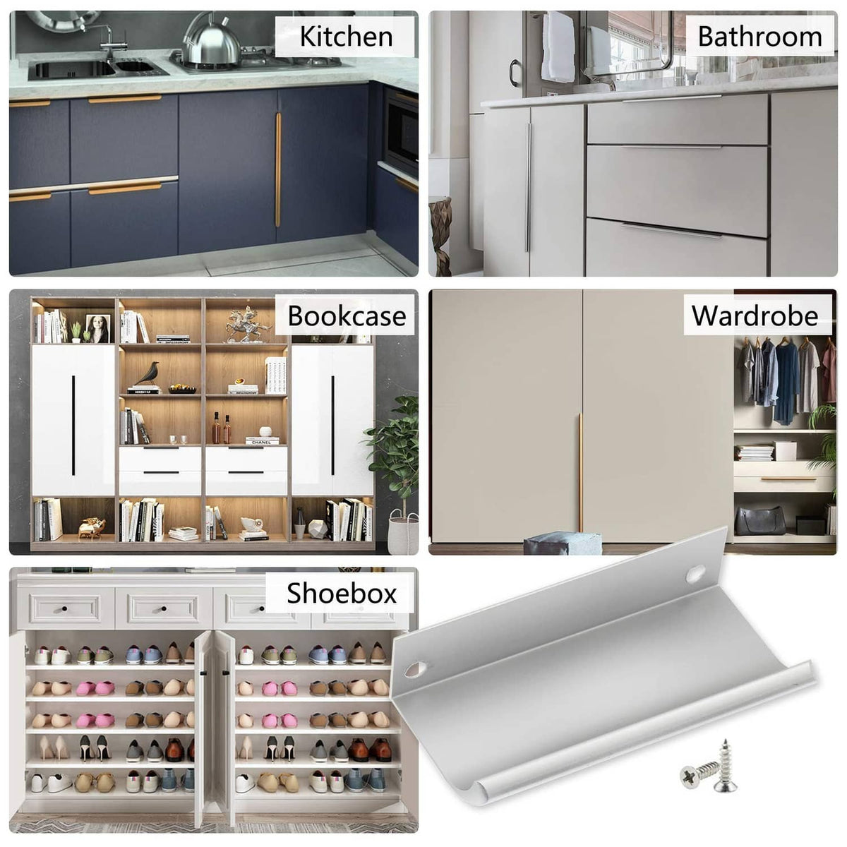 Aluminum back-mount finger pull for kitchen, bathroom, wardrobe, and shoe cabinets