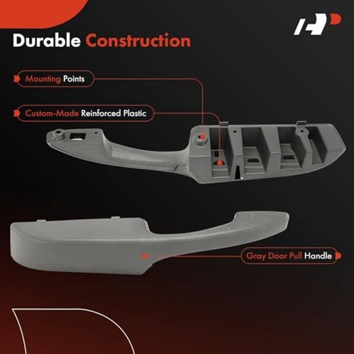 Gray interior door pull handle with underside mounting clips and base bracket detail.
