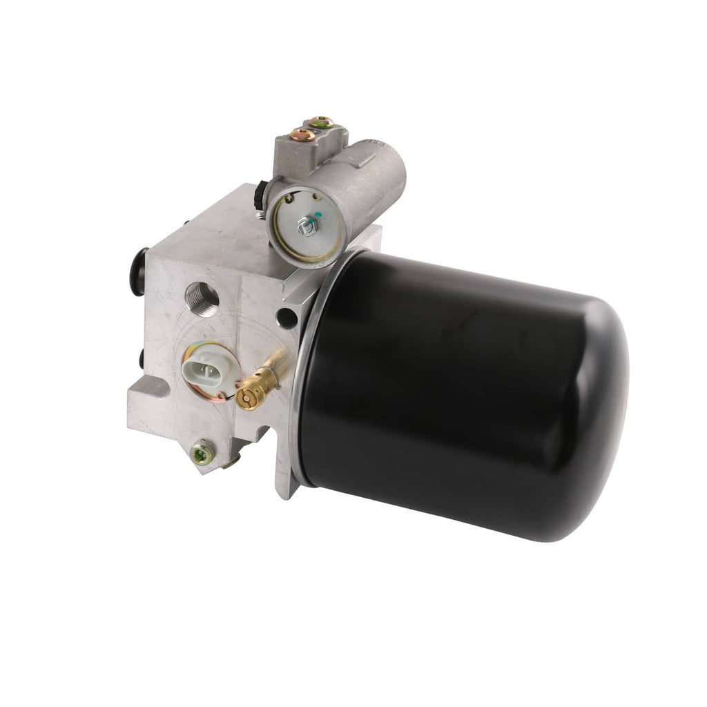 12V air dryer with black canister and silver body, showing side ports and wiring