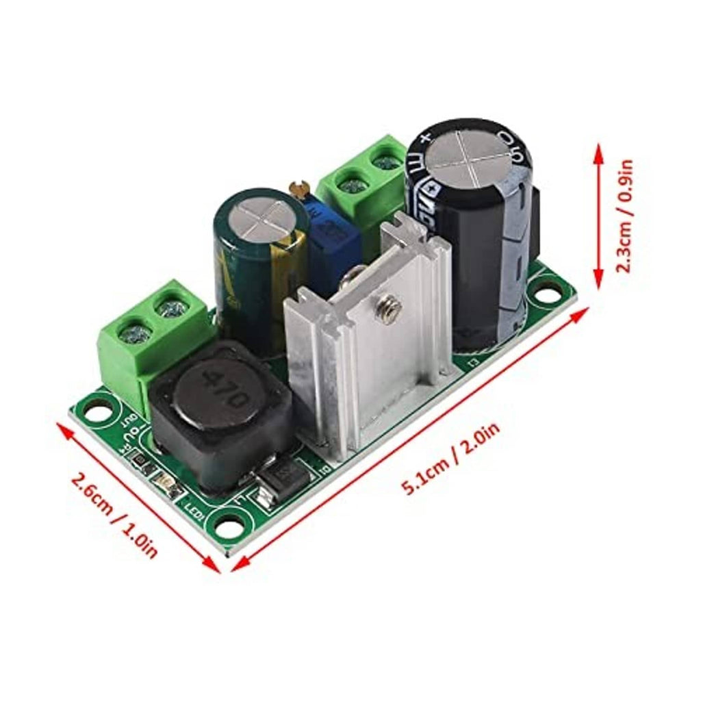 Step-down buck converter module with labeled dimensions: 5.1 in x 2.6 in