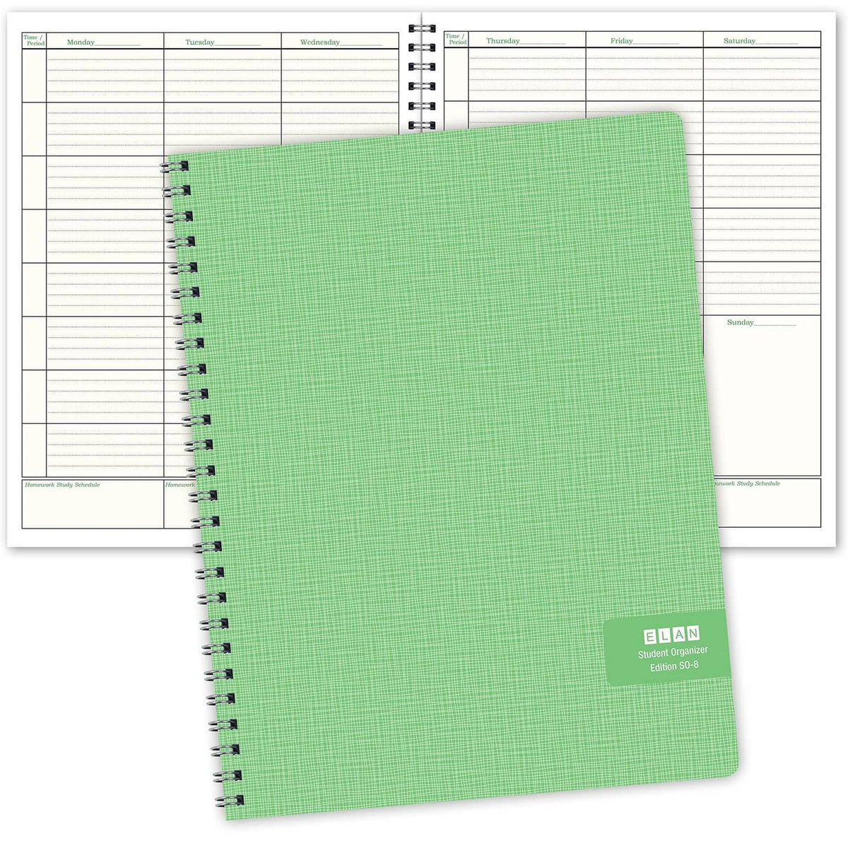 Green wire-o bound student planner with 8-subject daily schedule pages
