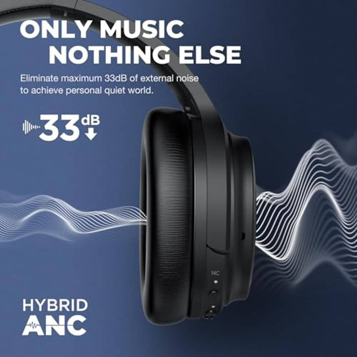 Black over-ear Bluetooth headphones, angled side view with padded ear cups