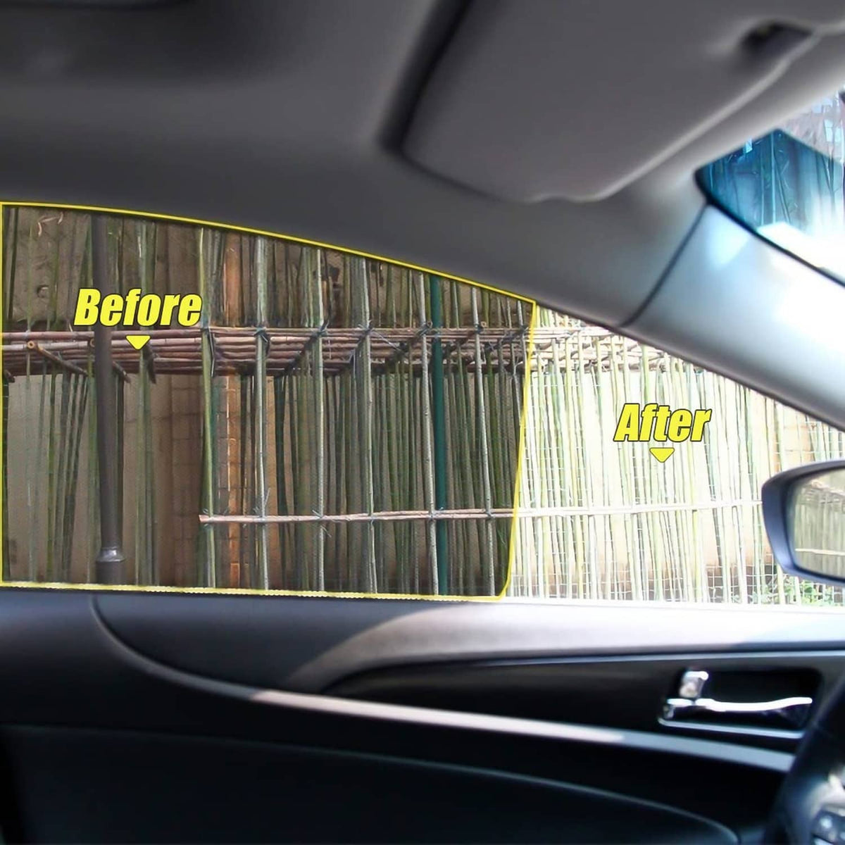 Car side window sunshade film reduces glare; before and after view on window glass