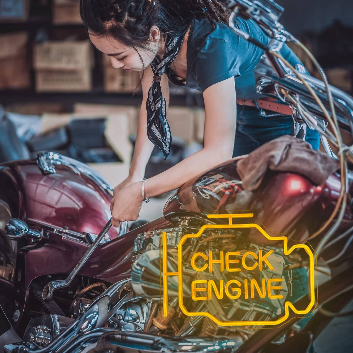 Yellow LED neon sign reading 'CHECK ENGINE' in engine-outline shape.