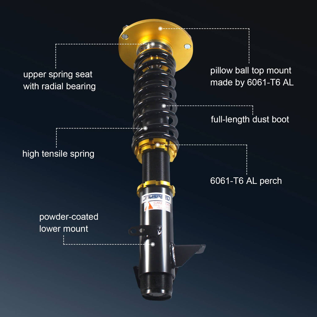 Single coilover shock absorber with gold upper spring seat and black dust boot