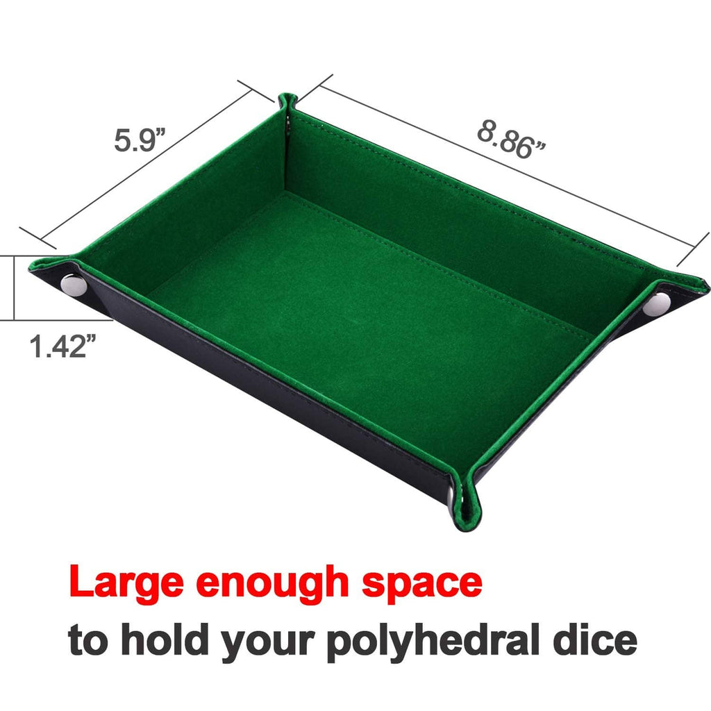 Green folding rectangle dice tray with stitched border and metal snap corners