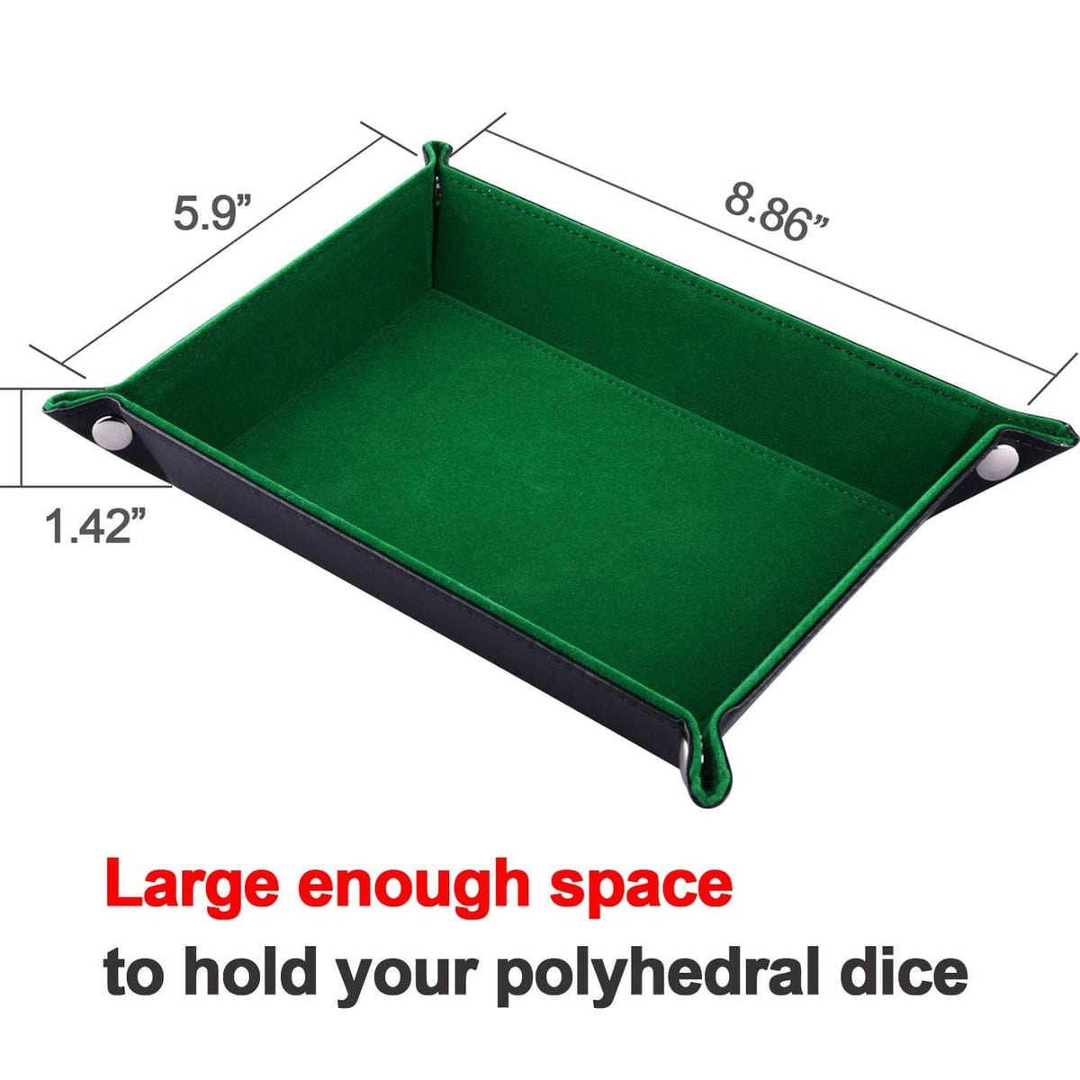 Green folding rectangle dice tray with stitched border and metal snap corners