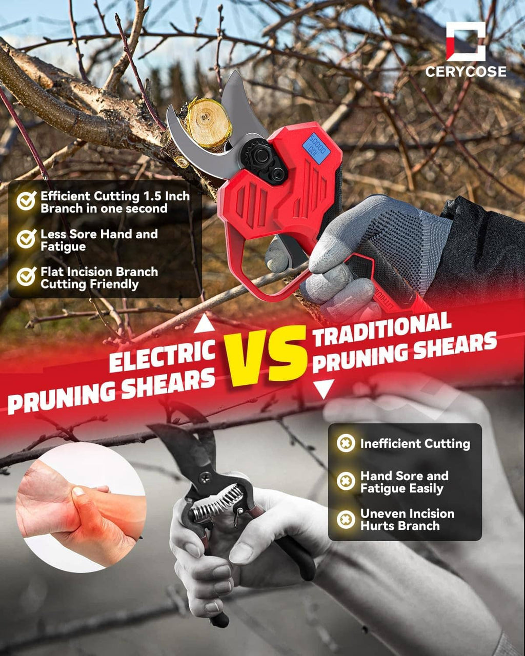 Red electric pruning shears held in gloved hand for branch cutting