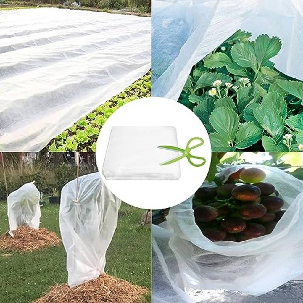 Plant cover frost cloth draped over garden plants, tied at top opening