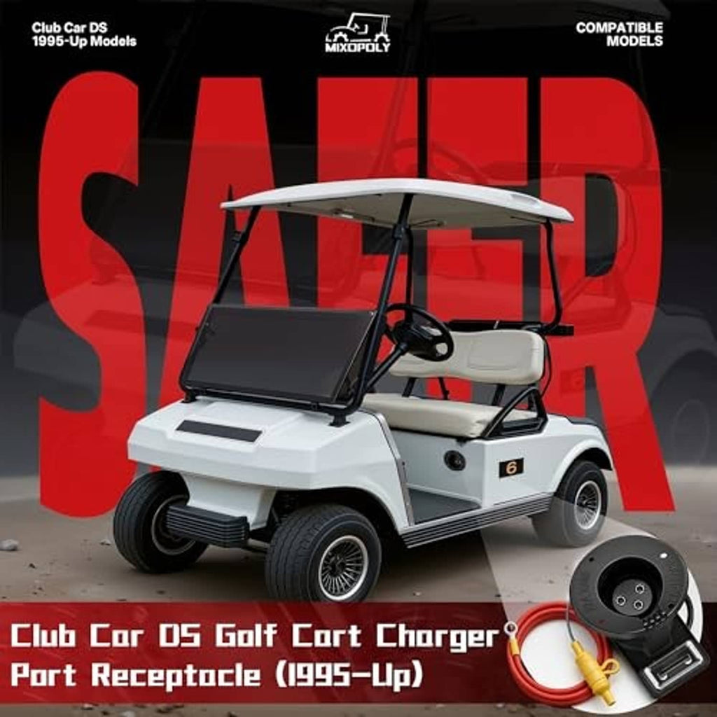 Golf cart charger receptacle with circular black base and red charging cable with fuse