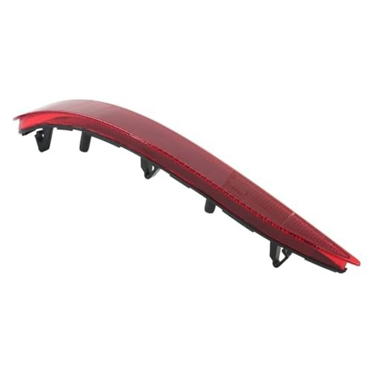 Curved red rear bumper reflector strip with black mounting clips