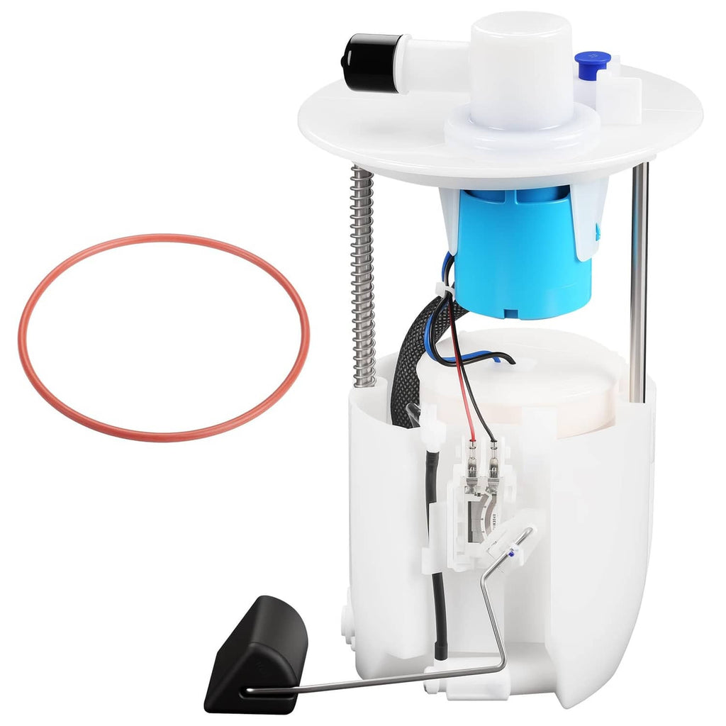 Electric fuel pump module with white housing, blue pump, and red O-ring gasket